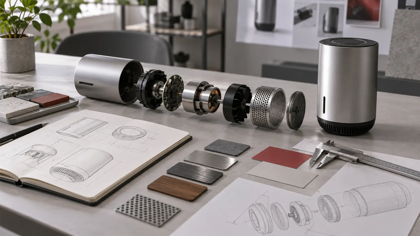 Exploded product architecture study with prototype components, material samples and measurement tools
