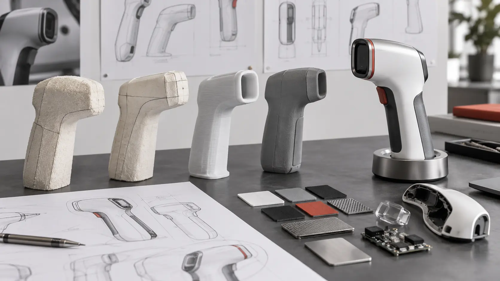 Progressive ergonomic handheld product prototypes with CMF samples and a refined final design