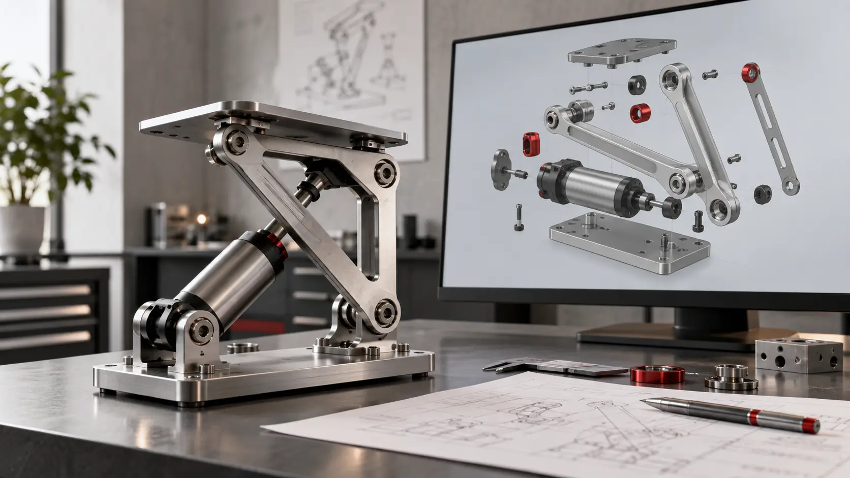 Precision actuator-driven four-bar linkage prototype beside an exploded mechanical CAD assembly