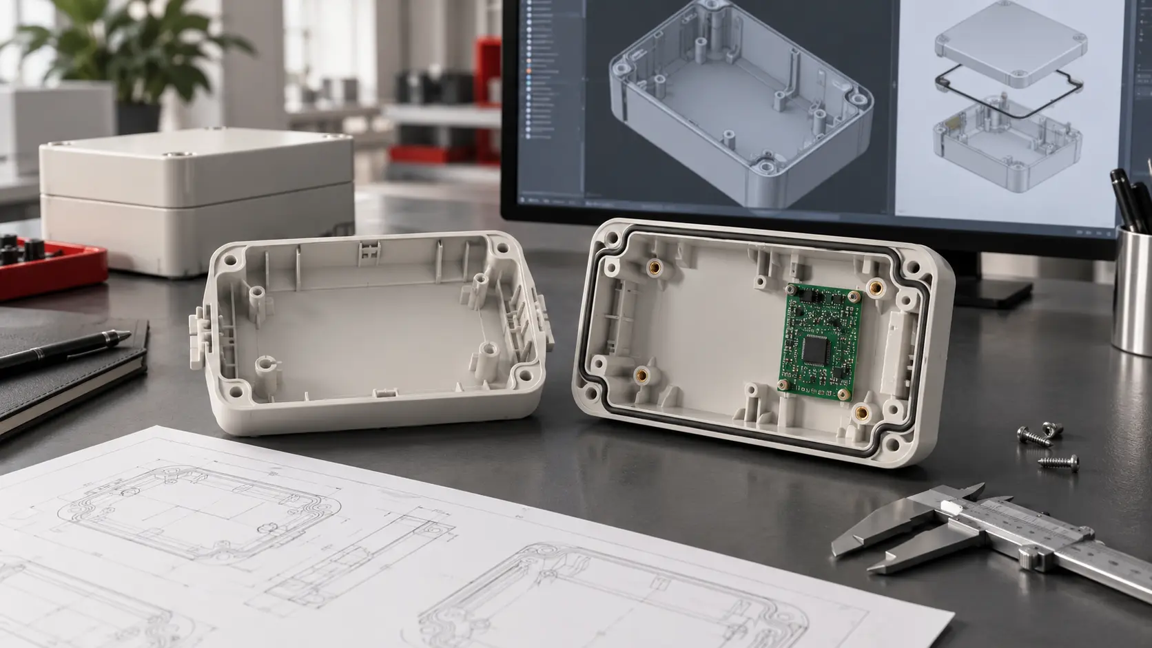 Injection moulded enclosure halves showing ribs, bosses, gasket channel, inserts and PCB mounting features