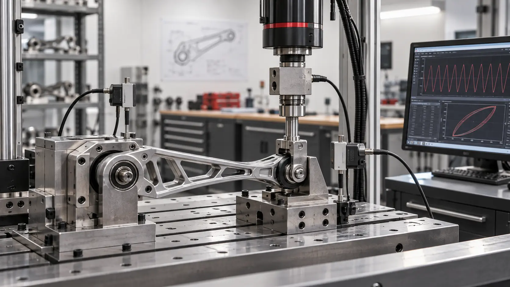 Mechanical linkage undergoing instrumented load and cycle testing in an engineering laboratory