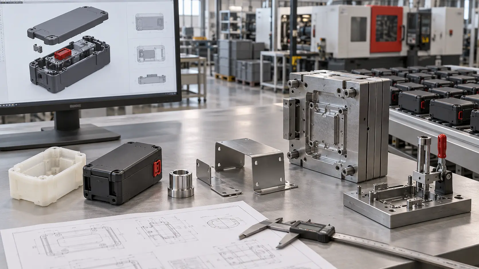 Production workbench with injection mould tool, plastic prototype, sheet metal component and inspection fixture